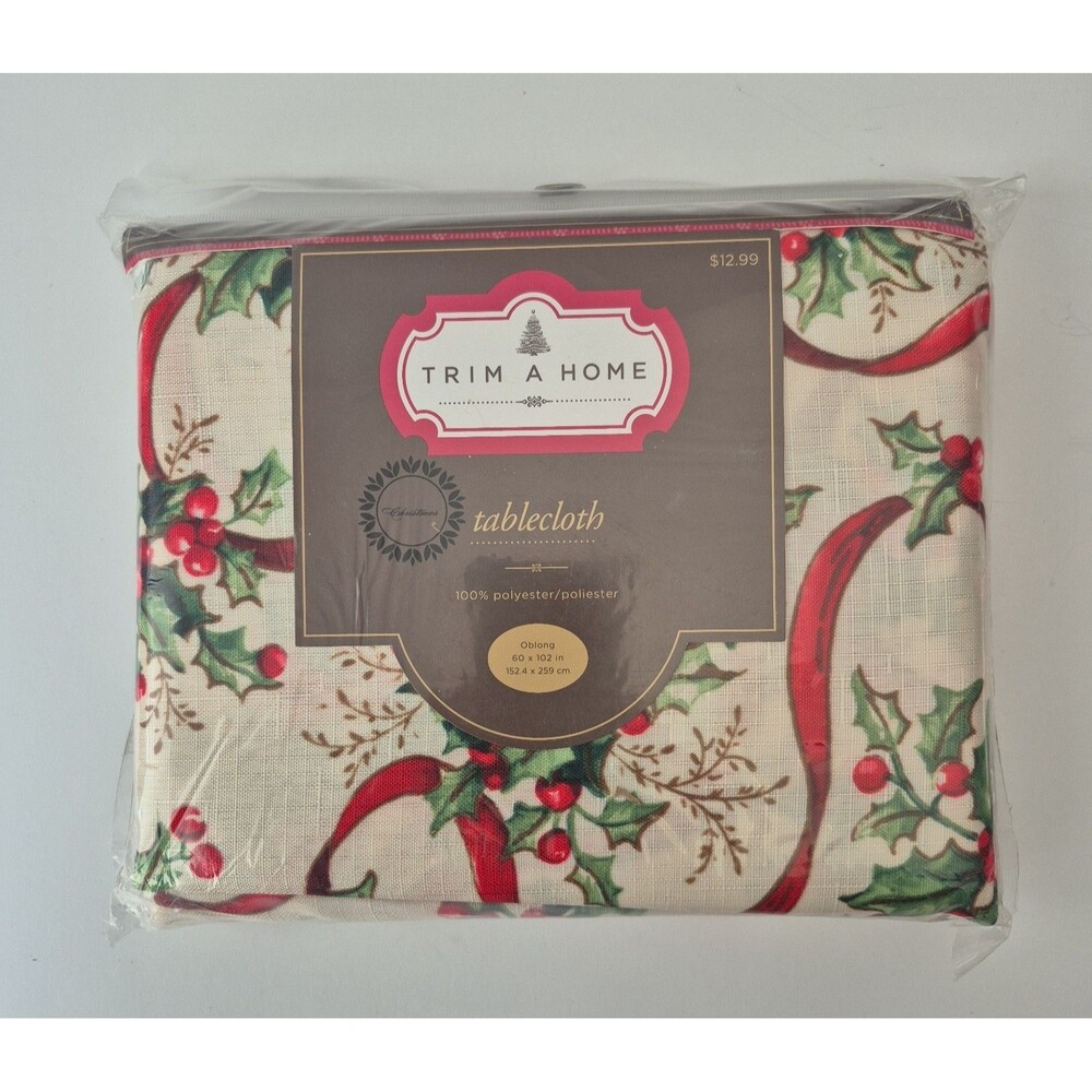 Trim a Home Christmas Holly Berries Red Ribbons 60 x 102 IN Oblong Tablecloth